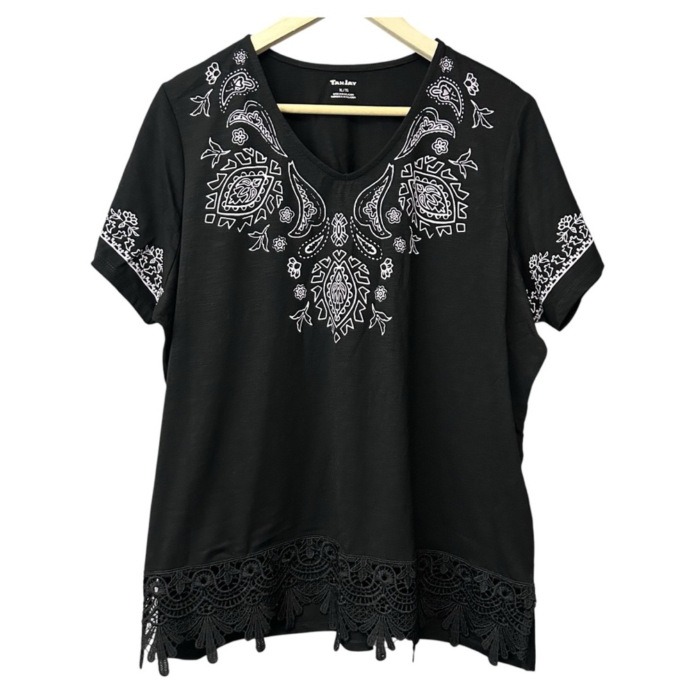 TanJay Black Short Sleeve Crochet Trim Boho Shirt Size XL